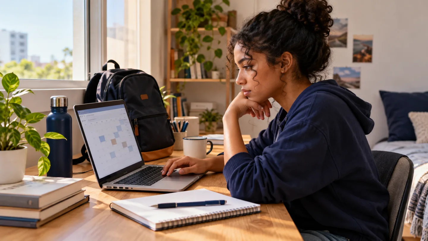 Estudante consulta um calendário no notebook e organiza anotações em casa.