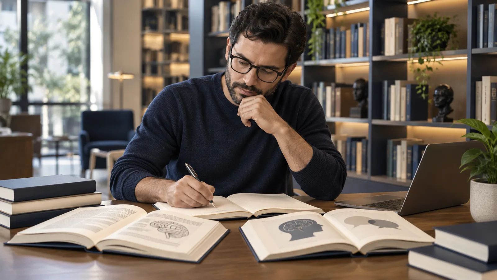 Pessoa adulta estudando livros e anotações em biblioteca, sem sessão de hipnose.