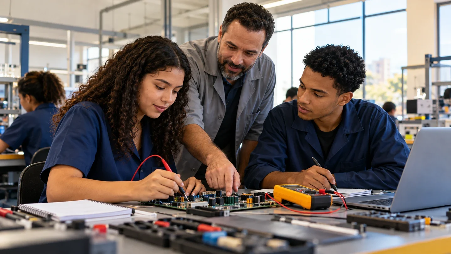 Estudantes aprendem eletrônica com orientação em uma oficina de formação técnica.